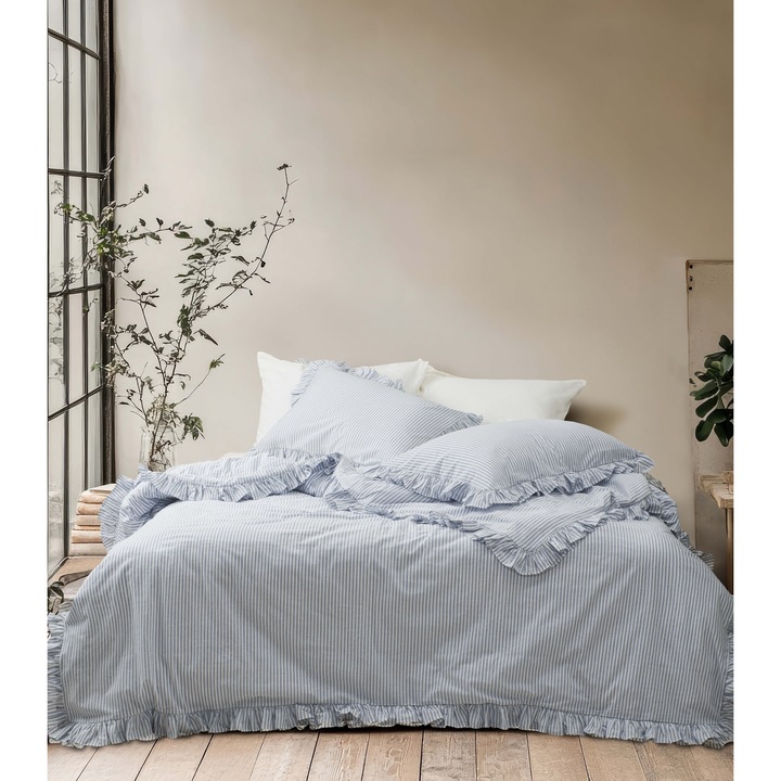 Комплект спално бельо за двойно легло, Majoli Bahar Home Collection, 100% боядисан памук, stonewashed, 144 TC, 4 части (плик за завивка 200x220 см, долен чаршаф 240x260 см, 2 калъфки за възглавници 50x70 см), Milagros Ren Storm