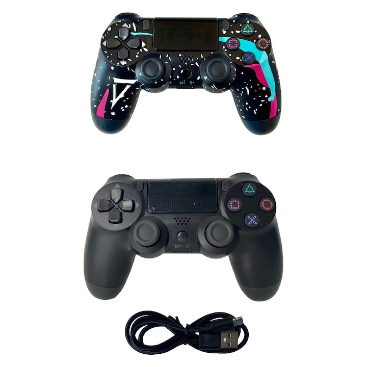 Set 2 gamepaduri wireless, negru graffiti si negru inchis, cu vibratii, pentru PlayStation 4, HAPPY JOKER®