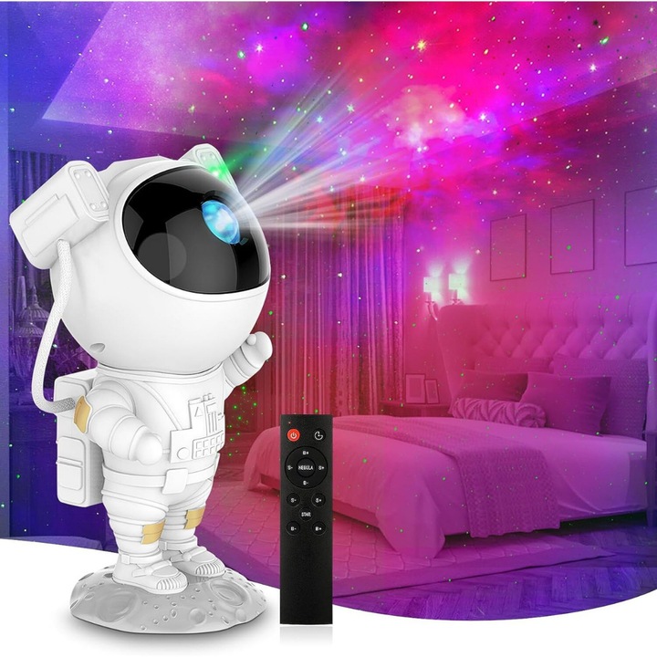 Proiector LED Astronaut, rotire 360°, 8 moduri de proiectie, multicolor, cu telecomanda