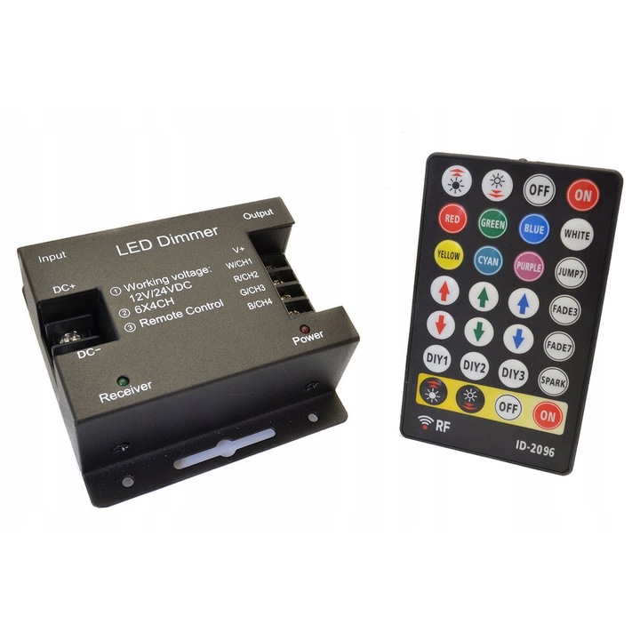 Controler LED RGBW 12/24V 24A cu pilot RF 28 butoane, dimensiuni 130x24x65mm