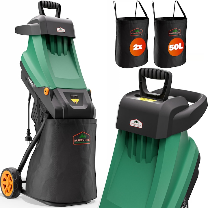 Tocator de crengi Gardebruk, 2400W, 2 saci 50L, 45mm, Negru/Verde, 49,5x36x91,5cm