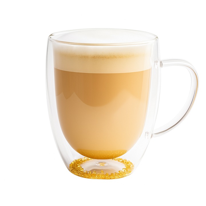 Cana cu pereti dubli, sticla borosilicata, izolare termica, 350 ml, cu bilute aurii intre pereti