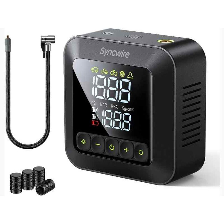 Compresor auto rapid cu ecran LCD, 10,35 bar, 12V, set complet, 13x13x6,4cm, 839g