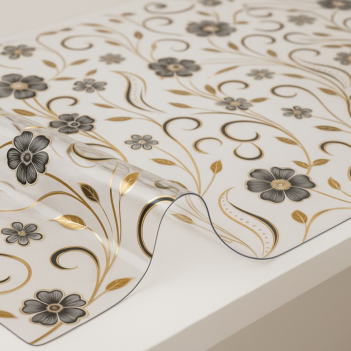 Protectie masa silicon transparent 70x100cm, impermeabila, anti-alunecare, model auriu cu flori negre