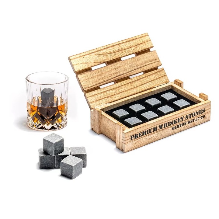 Комплект от 8 Камъка за Охлаждане от Естествен Гранит за Уиски, Многократна Употреба, с Премиум Дървена Кутия – Елегантен Подарък за Мъже, Домашен Бар