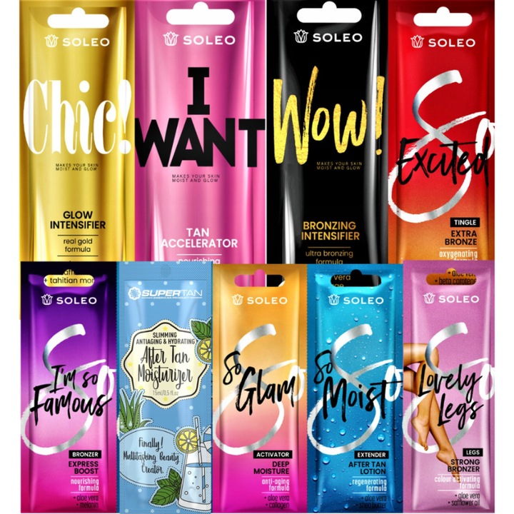 Set 7 pachete autobronzante Soleo, 15ml, efect rapid, vegan