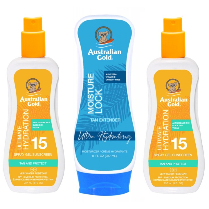 Australian Gold SPF15 barnító spray szett x2, 237ml, átlátszó, aloe verával és teafaolajjal