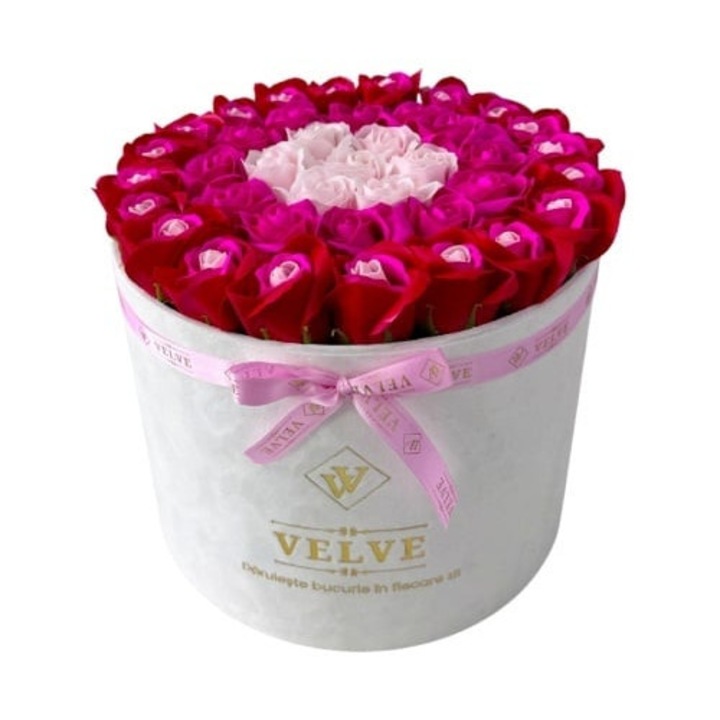 Aranjament Floral Majestic Double Color, cu trandafiri din sapun, in cutie alba de catifea, Rosu-Roz, Velve