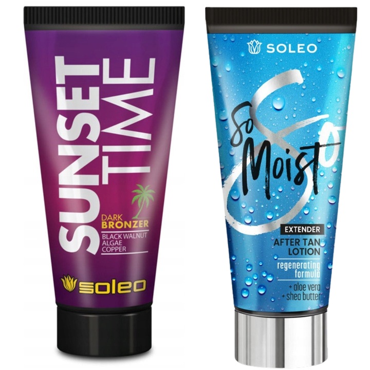 Комплект Автобронзант Sunset Time 150мл и Балсам So Moist 150мл, бърз тен, хидратация, аромат flower salsa, aqua kiss, Soleo