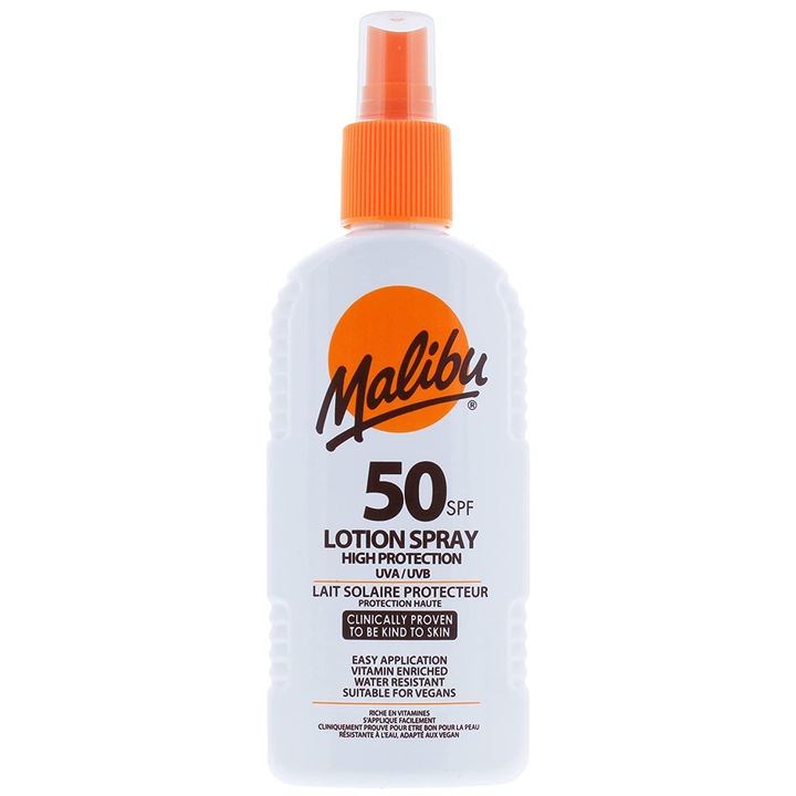 Комплект слънцезащитен спрей Malibu SPF50 200ml + балсам за след слънце 200ml, водоустойчив, с витамин Е и Алое Вера