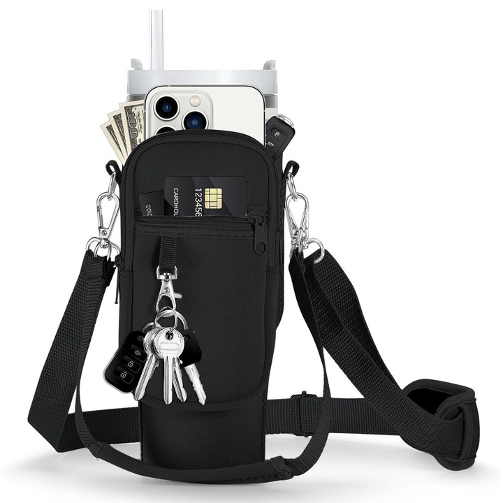 Хладилна чанта MWAOWM, съвместима със Stanley 30/40oz, неопрен, регулируема презрамка, джоб за телефон, черна