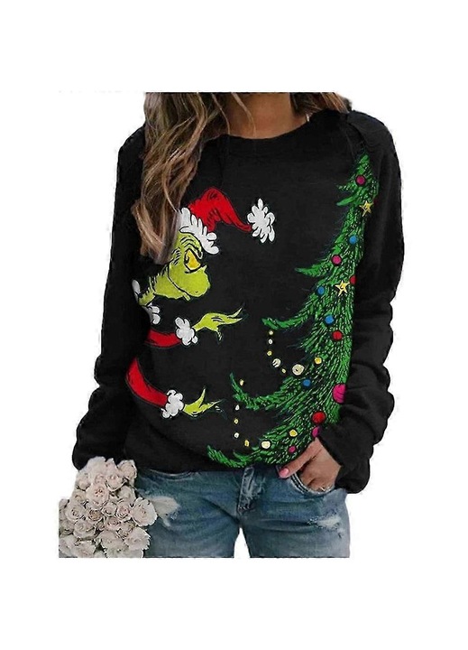 Pulover pentru dama, cu imprimeu Grinch, guler rotund, maneca lunga, negru, poliester