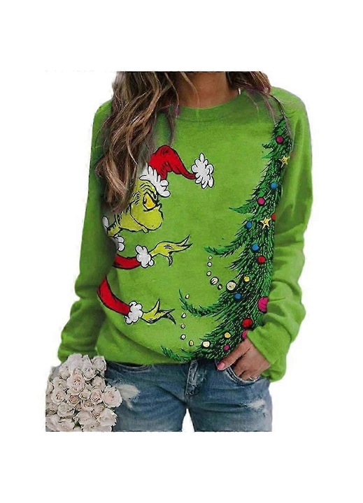 Pulover pentru dama, cu imprimeu The Grinch, maneca lunga, verde, poliester