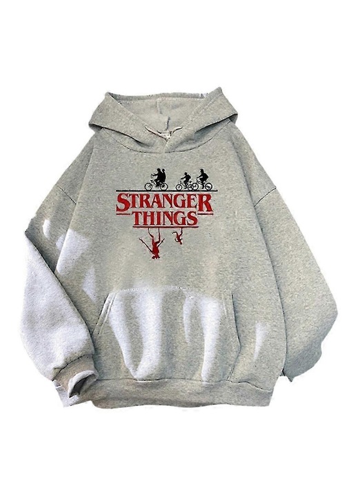 Hanorac pentru dama, cu maneca supradimensionata, imprimeu Stranger Things, casual, gri