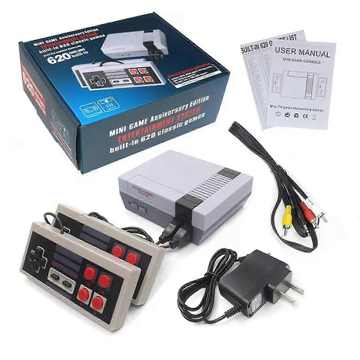 Consola retro de jocuri mini FR1-K0446-260710-1197, 620 jocuri incorporate, 2 controlere wireless, iesire AV, plug-and-play, gri