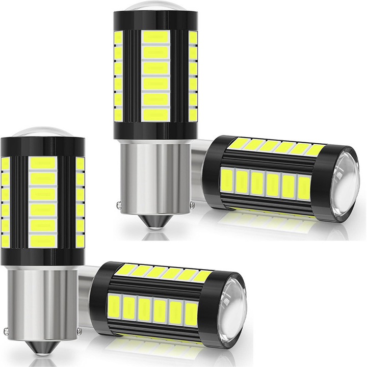 Set 4 becuri LED 1156/BA15S P21W 3014, semnal, pozitie spate, 144 LED-uri pentru frana, marsarier sau lumini de zi, Alb