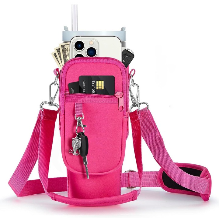 Калъф за термос, Mwaowm, за Stanley 30/40oz, с джобове и регулируеми презрамки, неопрен, розов