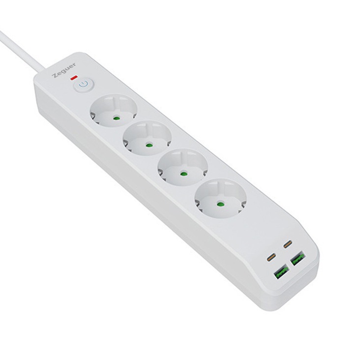 Удължител 2500W, Zeguer, 4 контакта/2 USB-A/2 USB-C, Бял, Кабел 1.8 м