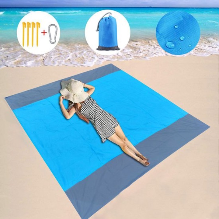 Vízálló és homokálló strandtakaró, kék, 200x210cm