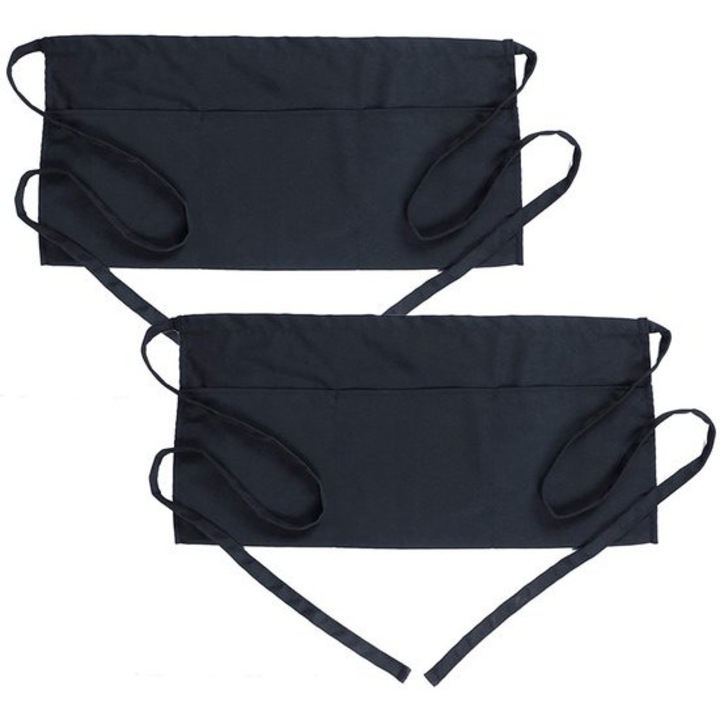 Sorturi de bucatarie, set 2 bucati, poliester impermeabil, 3 buzunare, negru, 61x30cm