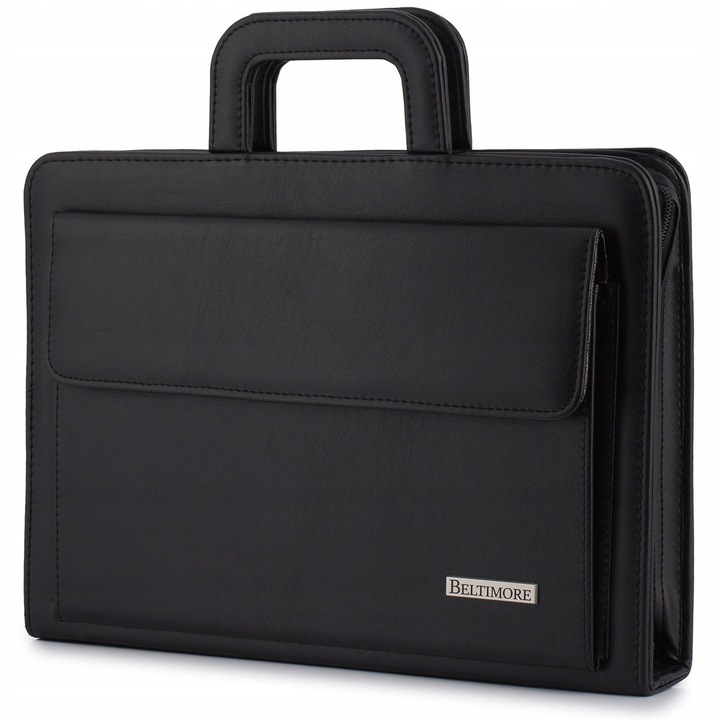 Servieta pentru birou, negru, 38x26x5cm, 3 compartimente, 4 locuri pentru carti vizita
