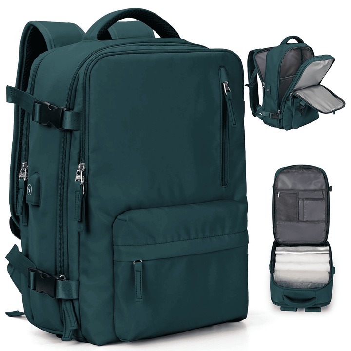 Utazótáska, nagy kapacitású, USB porttal, rekeszekkel, pávakék, 14 hüvelykes laptophoz