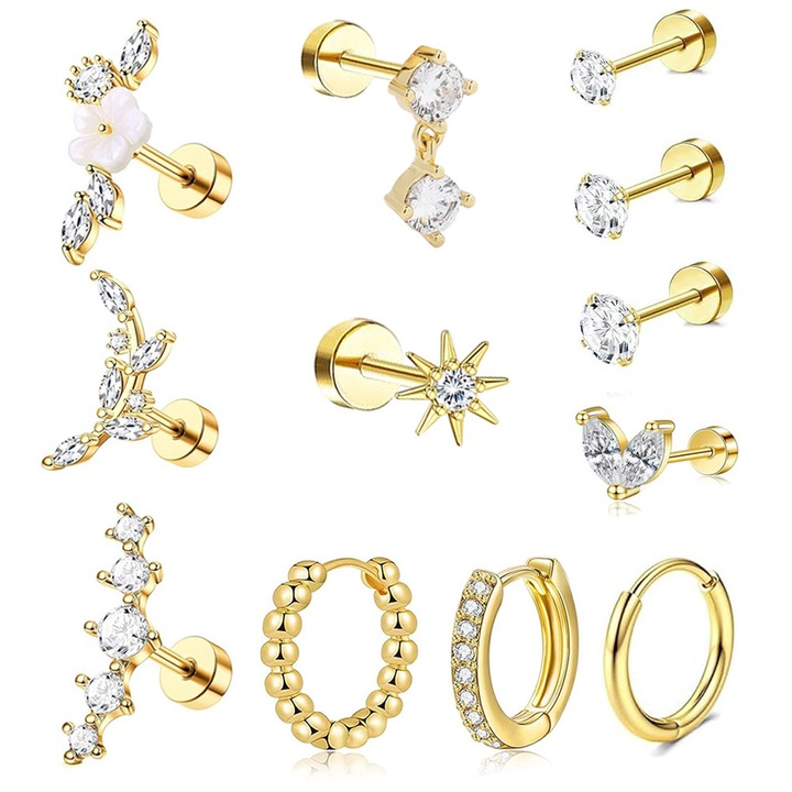 Set cercei dama 12 piese, metal aliaj, design elegant, aurii