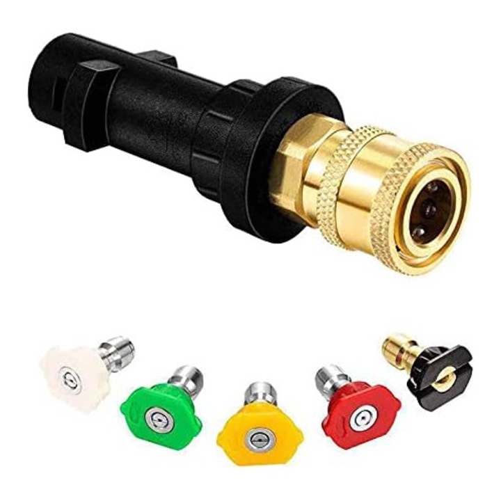 Set 6 piese adaptor si duze pentru aparat de spalat cu presiune, compatibil cu Karcher K2-K7, cuplaj rapid femel 6.35 mm (1/4"), alama si otel inoxidabil, multicolor