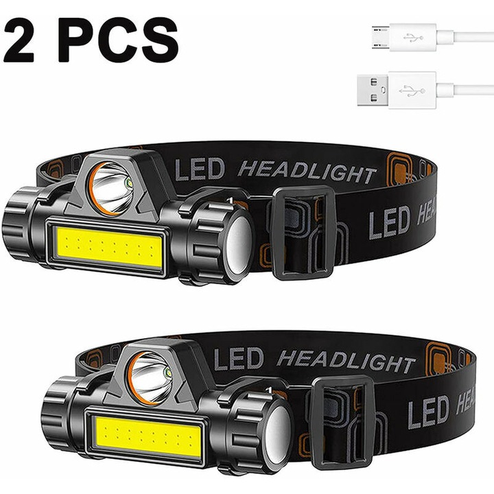 Акумулаторен LED фенер, комплект от 2 броя, 300 лумена, черен, размери 80x30x35 мм