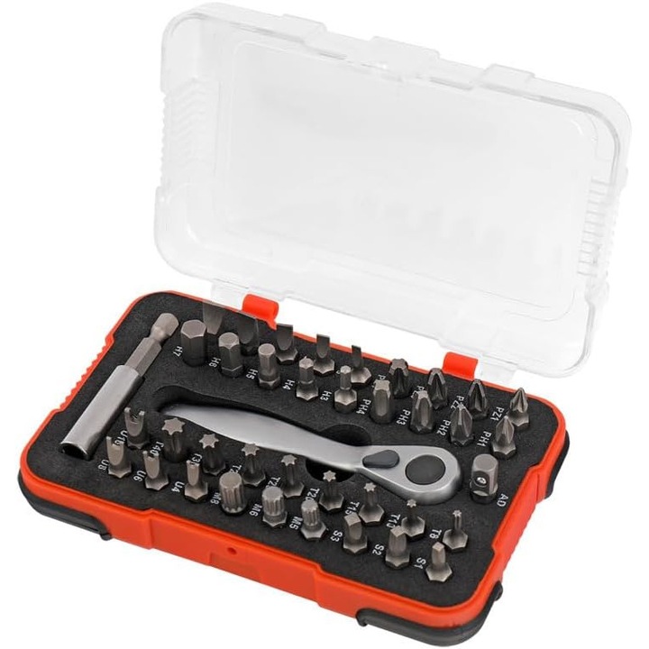 Set 39 bucati, chei tubulare si biti cu clichet 1/4 inch, din otel Cr-V cromat, prindere magnetica, compact pentru spatii inguste, multicolor