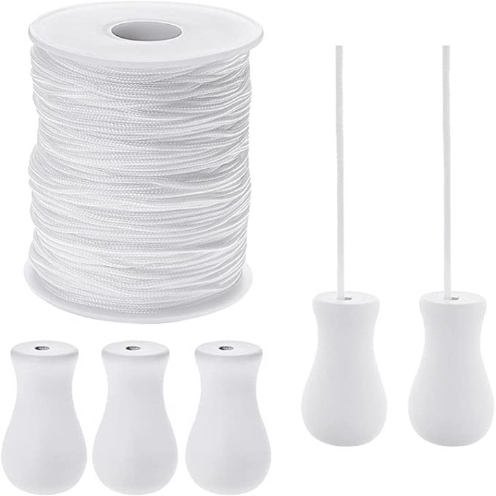 Set snur impletit nylon alb 100m, 5 pandantive lemn, banda masurare 1.5mm