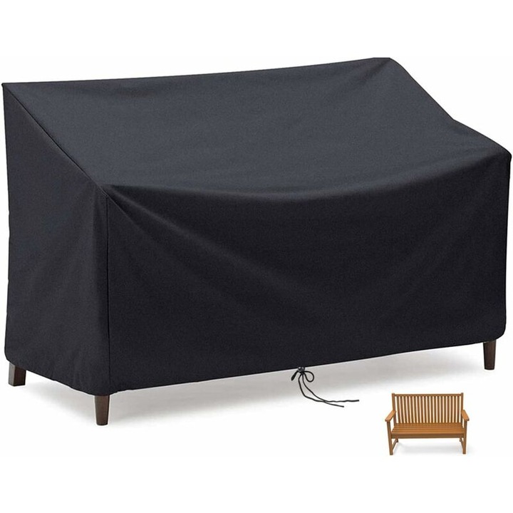 Husa/protectie pentru banca de exterior, 210D Oxford UV, impermeabila, rezistenta la vant si la rupere, cu orificii de ventilatie si snur de strangere, Negru, 2 locuri