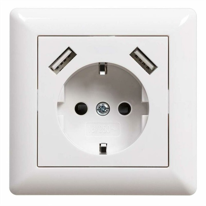 Вграден контакт с 2 USB, бял, 8x8x5см