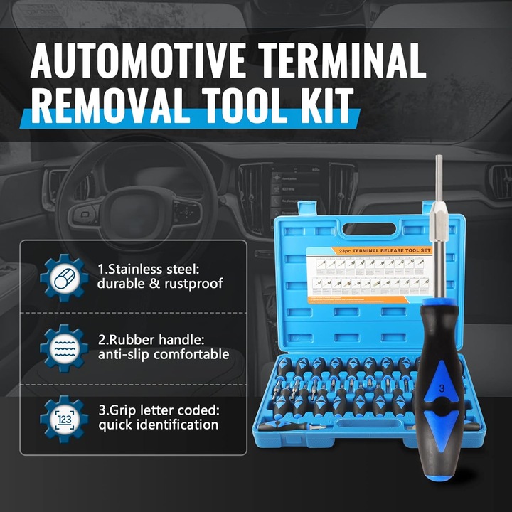 Set scule pentru demontare terminale, extractor pini pentru conectori auto si electrici, din otel carbon calit, maner ergonomic anti-alunecare, carcasa plastic dura, albastru/negru, 23 piese