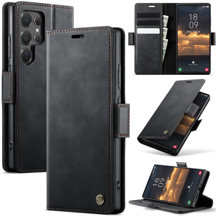 Tok Samsung Galaxy S22 Ultra– Slim pénztárca típus, állvány funkcióval és mágneses záródással – sima textúra, biztos fogás, könnyen tisztítható, letisztult és minimalista design, CaseMe, Karbonfekete