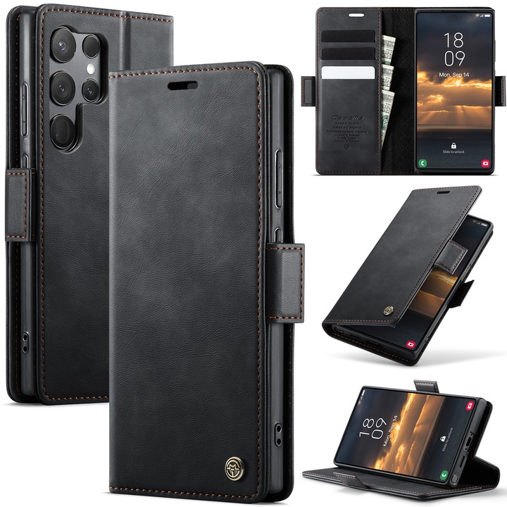 Tok Samsung Galaxy S23 Ultra– Slim pénztárca típus, állvány funkcióval és mágneses záródással – sima textúra, biztos fogás, könnyen tisztítható, letisztult és minimalista design, CaseMe, Karbonfekete
