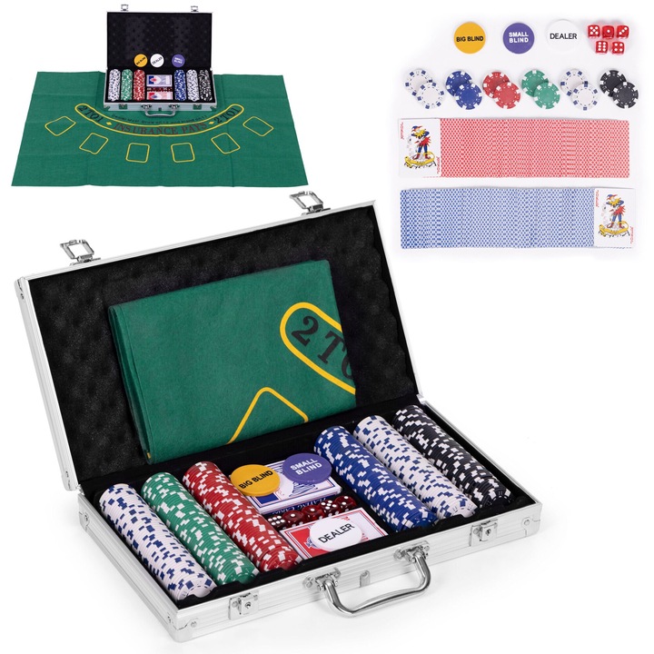 Set complet poker AB HOMES, 300 jetoane grele, 2 pachete de carti, covor 90x60cm, valiza aluminiu
