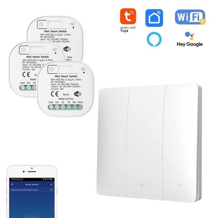 Set Intrerupator Triplu Cinetic Fara Fir si 3 Controlere Wi-Fi + RF433, Alb, Aida HER