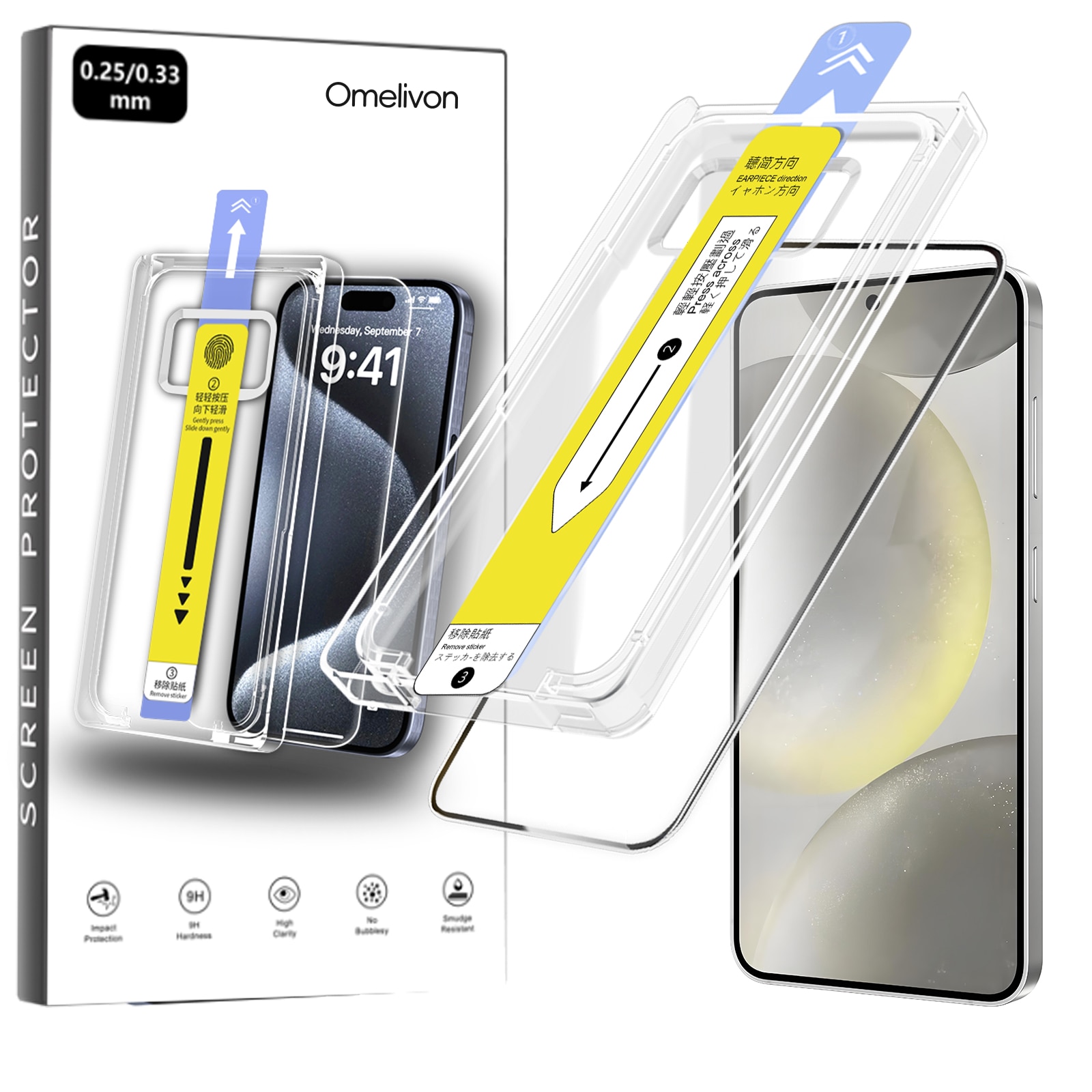 Folie de Protectie pentru Samsung Galaxy S24 Plus / S25 Plus, Omelivon, Sticla Securizata, Full Cover, Margini negre, cu Kit de Aplicare Instanta si Functie Automata de Indepartare a Prafului, Duritate 9H+, Ultra HD, Anti Amprente
