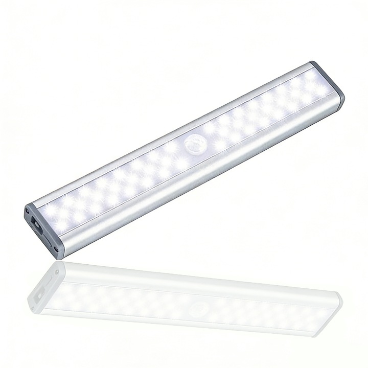 Lampa LED cu senzor de miscare, YYHengCMU, 46 LED-uri puternice, fara fir, baterie de 600 mAh, 180 lm, reincarcabila prin USB, suport magnetic, pentru dulapuri/rafturi/bufete, 19 cm, lumina rece