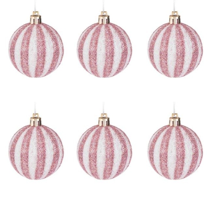 Set 6 globuri Crăciun 8cm Roz Pal Alb Glitter, decor elegant brad, tematică pastelată