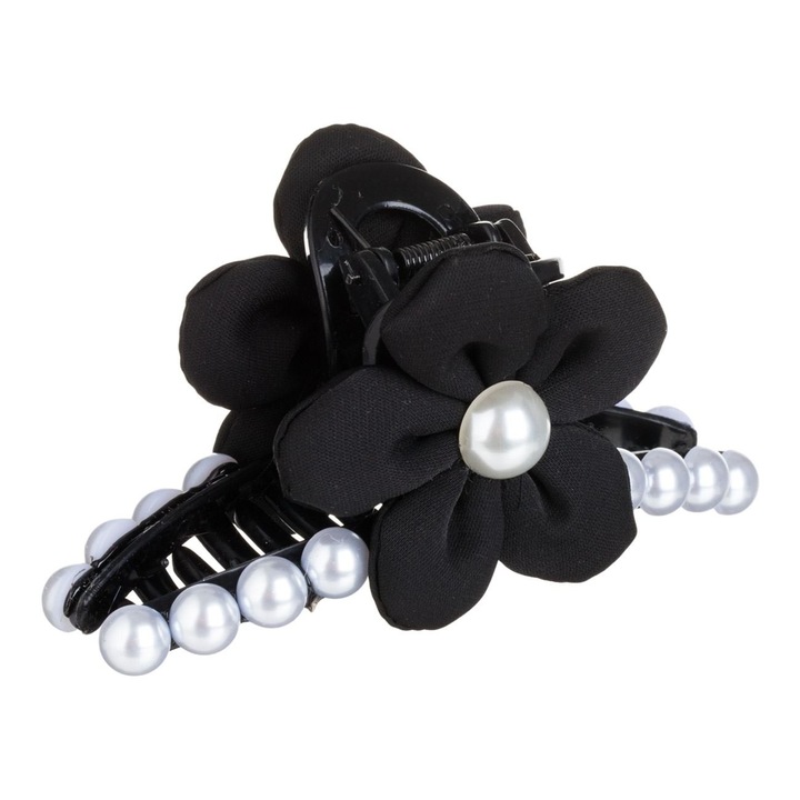 Clama Păr Neagră cu Mărgele Albe și Floare Neagră, 11cm