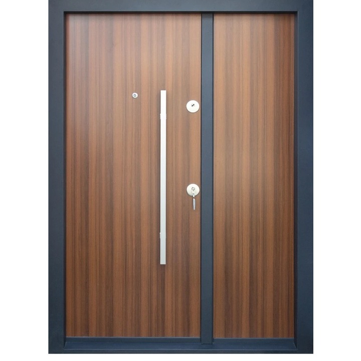 Usa metalica dubla de exterior cu izolatie si vizor Novo Doors NDS1200, Din compozit, Deschidere stanga, 2 yale, dimensiune 208X140 cm, Interior alb, Kit complet, Pentru case, Nuc