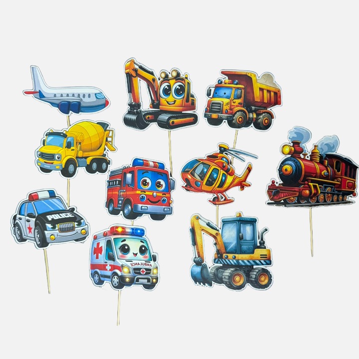 Set 10 decoratiuni tort, Vehicule, carton reutilizabil, 3-15cm