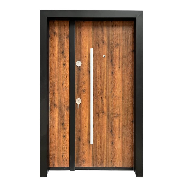 Usa metalica dubla de exterior cu izolatie si vizor Novo Doors NDS1200, Din compozit, Deschidere dreapta, 2 yale, dimensiune 208X140 cm, Interior alb, Kit complet, Pentru case, Stejar auriu