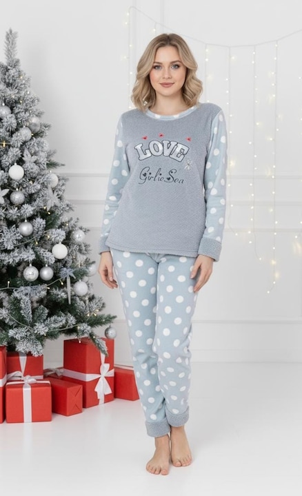 Pijama cocolino dama polar, pufoasa si calduroasa, verde 7211 cadou Craciun 13003, Verde