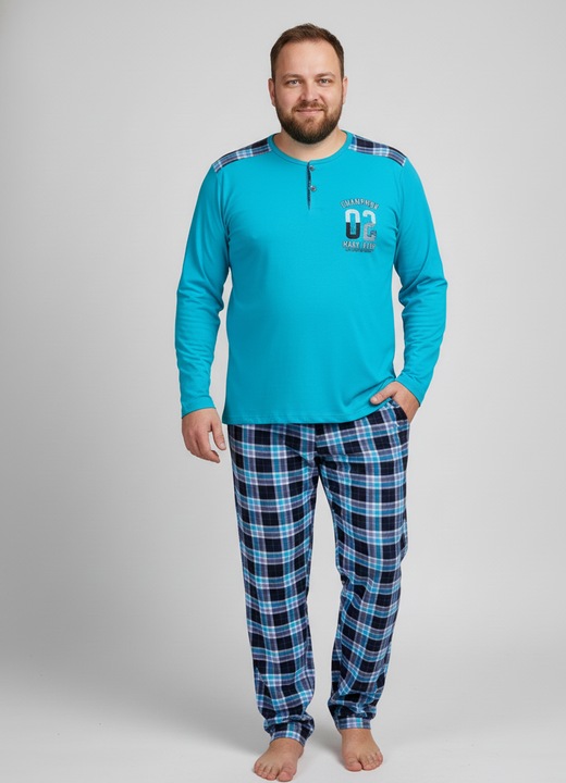 Pijama lunga bumbac fin si calitativ marime mare, buzunare la pantaloni 205 albastru carouri 13067, Albastru