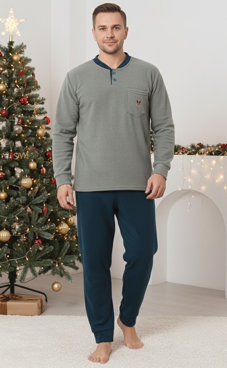 Pijama barbati cocolino polar, material fin, delicat si moale, verde 83 Craciun, M