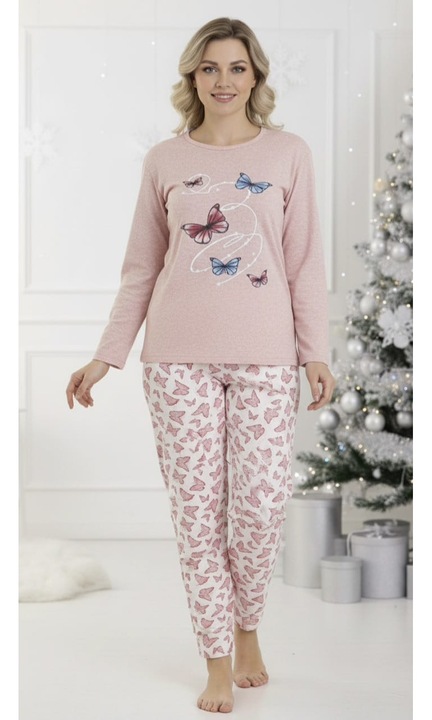 Pijama bumbac vatuit Dama, Bluza si Pantaloni lungi, roz 16376 13009, Roz