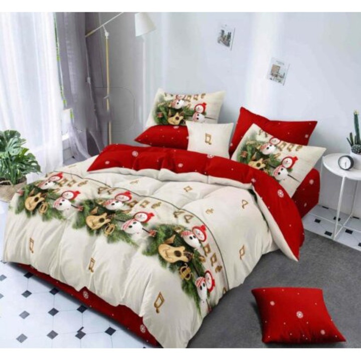 Set lenjerie de pat pentru 2 persoane, Super Elegant Pucioasa, Imprimeu Craciun, 6 piese, 180x200cm